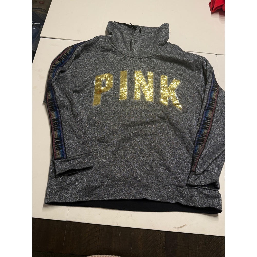 Pink Victoria's Secret Silver Metallic Sequin Funnel Neck Sweatshirt Large L